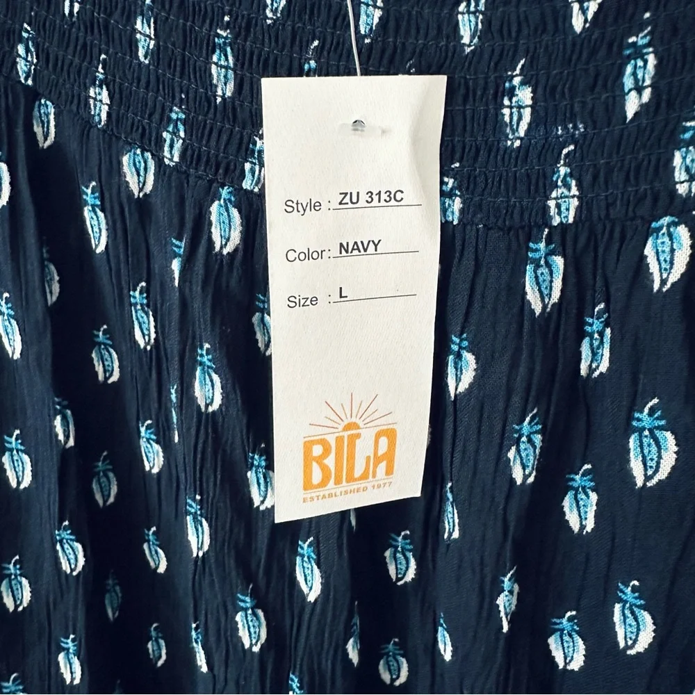 NEW! BILA Nola Tiered Maxi Skirt Boho Indian Block Print Blue Paisley Size L